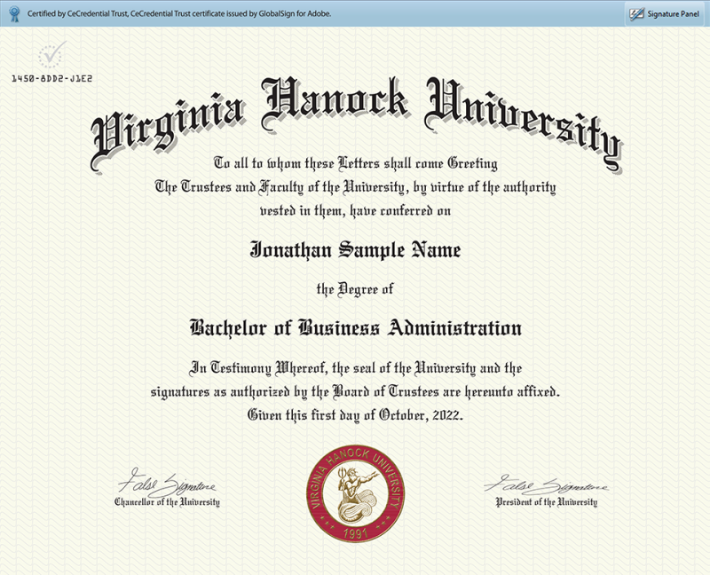 Virginia Hanock University Sample CeDiploma (Not an actual diploma or institution)