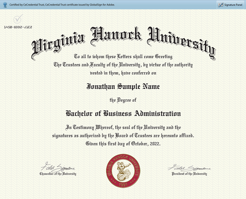 Virginia Hanock University Sample CeDiploma Virginia Hanock University Sample CeDiploma (Not an actual diploma or institution)