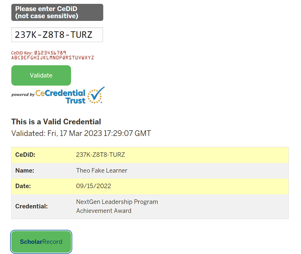 ScholarRecord SAMPLE Validation Page ScholarRecord SAMPLE Validation Page