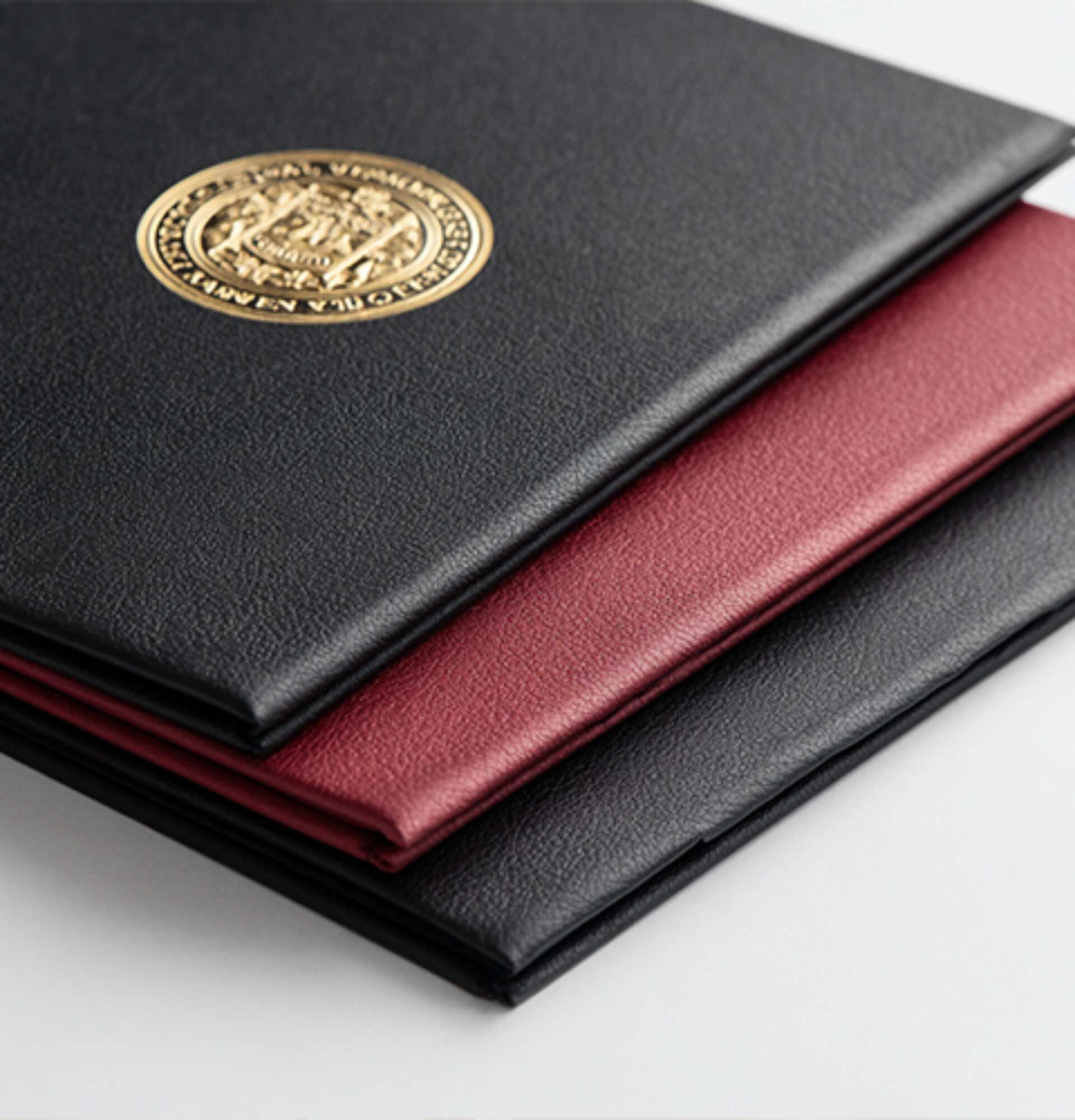 Stack of premium diploma covers with gold university seal Stacked