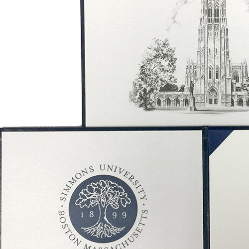 Custom diploma interior design featuring Simmons University seal and campus artwork — Paradigm’s personalized credential presentation solutions.