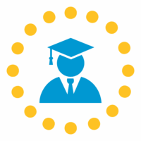 Blue graduate icon with cap and gown surrounded by yellow circular dots symbolizing education, learning, and student success.