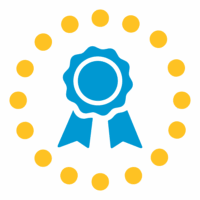 Blue award ribbon icon surrounded by yellow circular dots representing achievement and recognition.