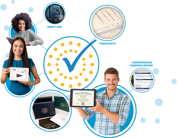 Illustrated banner with abstract credential icons in blue and yellow.