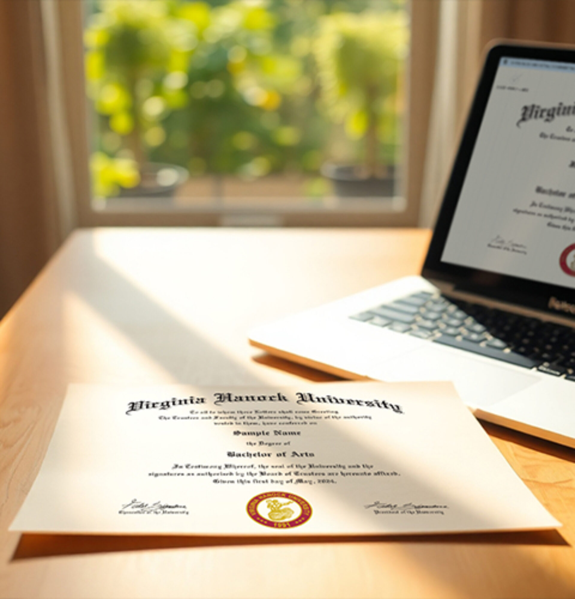 Printed university diploma alongside digital version on laptop Virginia Hanock SuretyLock Diploma on Desk