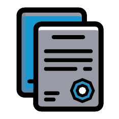 Vector icon of official documents, featuring a gray certificate with text lines and a blue seal in front of a blue folder, symbolizing credentials or certifications.